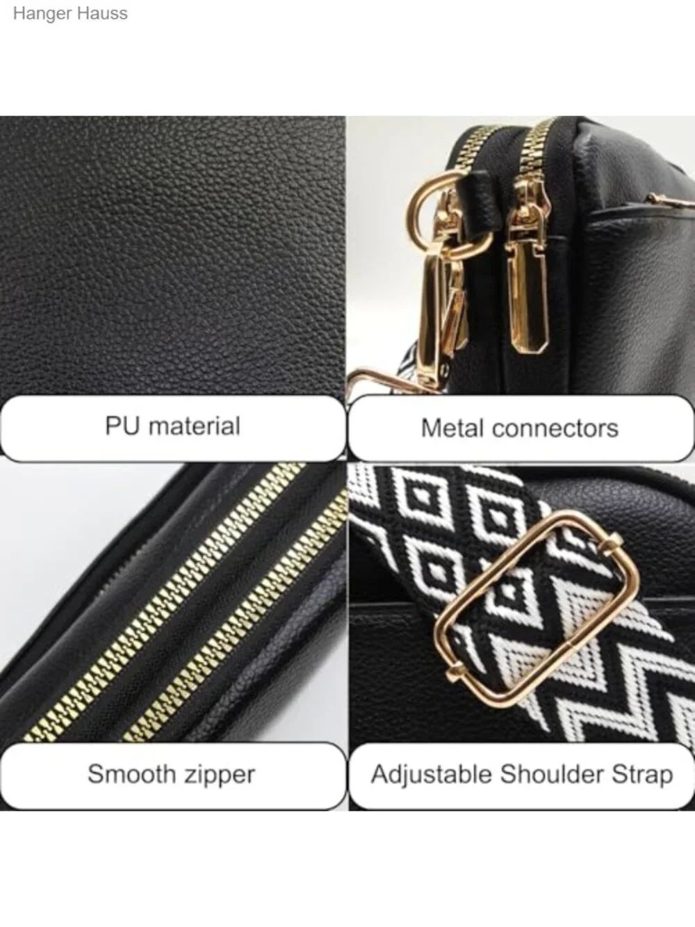 Vegan Leather Triple Zipper Mini Crossbody Bag Sling Purse Adjustable Strap